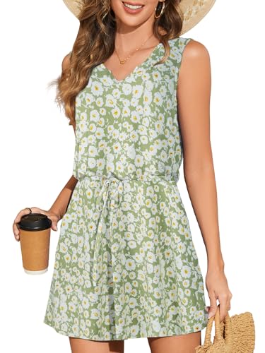 HAPYWER Strandkleid Ärmellos Damen V-Ausschnitt Leichtes Sommerkleid Luftig Minikleid mit Taschen(Weiß Blume-Grün,XXL) von HAPYWER