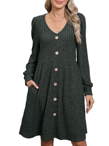 HAPYWER Strickkleid Damen Langarm Winterkleid Elegant Pulloverkleid Knielang Strickkleider A-Linie für Herbst Kleider Festlich für Weihnachten S-XXL(Dunkelgrün,XL) von HAPYWER