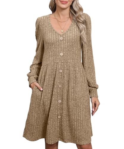 HAPYWER Strickkleid Damen Langarm Winterkleid Elegant Pulloverkleid Knielang Strickkleider A-Linie für Herbst Kleider Festlich für Weihnachten S-XXL(Khaki,XXL) von HAPYWER