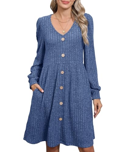 HAPYWER Strickkleid Damen Langarm Winterkleid Elegant Pulloverkleid Knielang Strickkleider A-Linie für Herbst Kleider Festlich für Weihnachten S-XXL(Marineblau,XXL) von HAPYWER