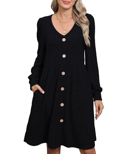 HAPYWER Strickkleid Damen Langarm Winterkleid Elegant Pulloverkleid Knielang Strickkleider A-Linie für Herbst Kleider Festlich für Weihnachten S-XXL(Schwarz,XL) von HAPYWER