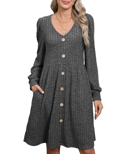 HAPYWER Strickkleider Damen Langarm Winterkleid V-Ausschnitt Elegant Pullover Kleid Knielang Strickkleider A-Linie mit Taschen von HAPYWER