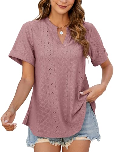 HAPYWER T-Shirt Damen Sommer A-Linie Blusenshirt Kurzarm Oberteil V-Ausschnitt Tunika Locker Tshirt mit Lochstickerei von HAPYWER