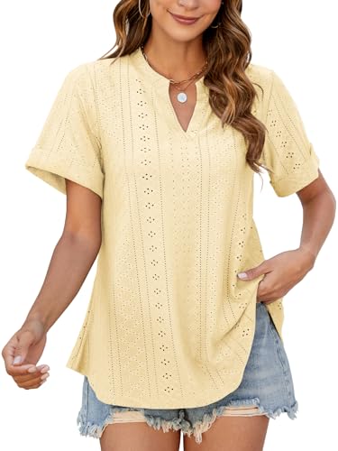 HAPYWER T-Shirt Damen Sommer A-Linie Blusenshirt Kurzarm Oberteil V-Ausschnitt Tunika Locker Tshirt mit Lochstickerei von HAPYWER
