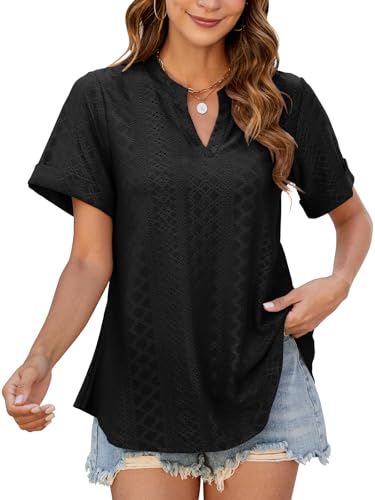 HAPYWER T-Shirt Damen Sommer A-Linie Blusenshirt Kurzarm Oberteil V-Ausschnitt Tunika Locker Tshirt mit Lochstickerei von HAPYWER
