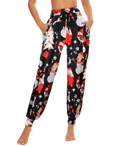 HAPYWER Weihnachten Hose Damen Haremshose für Lounguewear Festlich Yoga Workout Hose Leichte Pyjamahose Weiche Locker Bequem Hose mit großen Taschen(Weihnachten1-Schwarz,L) von HAPYWER