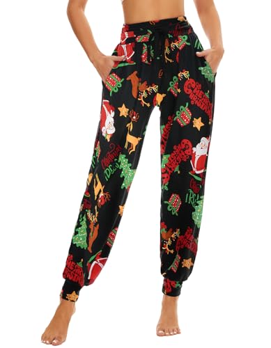HAPYWER Weihnachten Hose Damen Haremshose für Lounguewear Festlich Yoga Workout Hose Leichte Pyjamahose Weiche Locker Bequem Hose mit großen Taschen(Weihnachten2-Schwarz,S) von HAPYWER