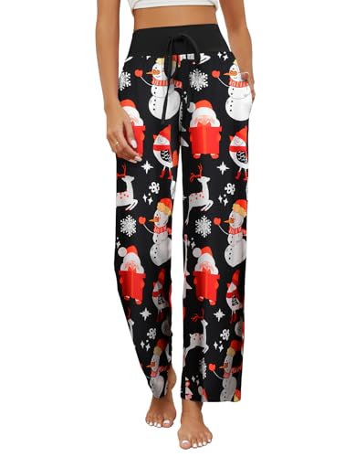 HAPYWER Weihnachten Schlafanzughose Damen Lang Weihnachten Pyjamahose Weich Lässig Weites Bein Weihnachten Kostüm Straight Leg Hose mit Taschen S-XXL(Weihnachten1-Schwarz,XXL) von HAPYWER