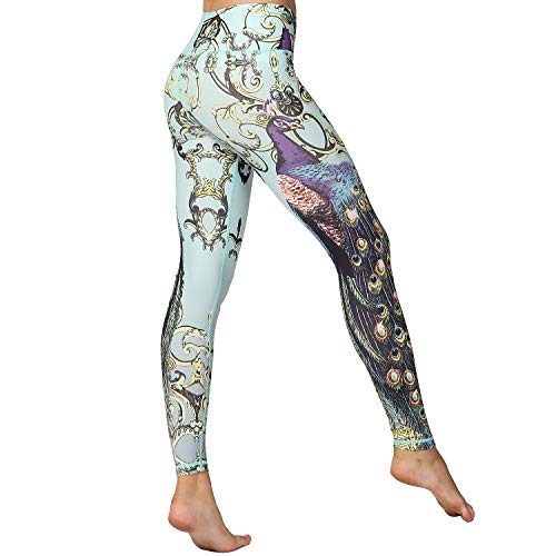 HAPYWER Yoga Leggings Damen High Waist Gym Sport Leggings Tummy Control Yoga Hosen Running Workout Kompressionsstrumpfhose Stretch Trainingshose mit Aufdruck-Pfauengrün-XL von HAPYWER