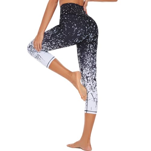HAPYWER Yoga Leggings Damen High Waist Yogahose Bunt Gym Sport Leggings Tummy Control Running Workout - Stretch Kompressionshose mit Aufdruck für Frauen(7/8 Bambusblatt,XXL) von HAPYWER