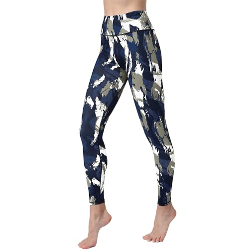 HAPYWER Yoga Leggings Damen High Waist Yogahose Bunt Gym Sport Leggings Tummy Control Running Workout - Stretch Kompressionshose mit Aufdruck für Frauen(Camouflage Blau,S) von HAPYWER