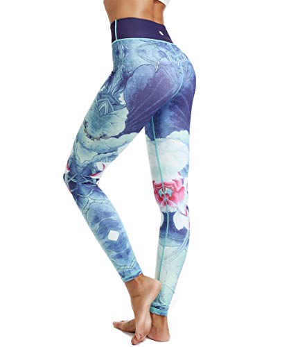 HAPYWER Yoga Leggings Damen High Waist Yogahose Bunt Gym Sport Leggings Tummy Control Running Workout - Stretch Kompressionshose mit Aufdruck für Frauen(Hellblau,L) von HAPYWER