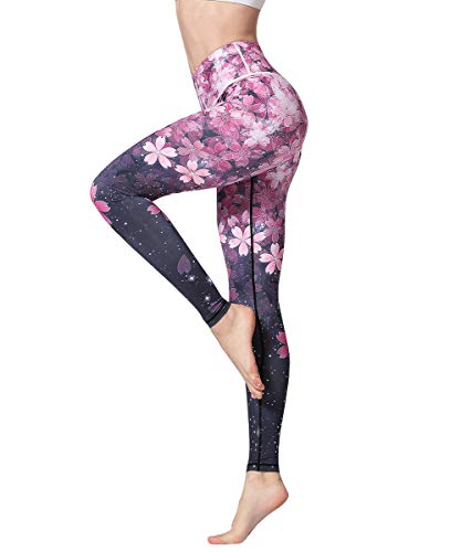HAPYWER Yoga Leggings Damen High Waist Yogahose Bunt Gym Sport Leggings Tummy Control Running Workout - Stretch Kompressionshose mit Aufdruck für Frauen(Kirschblüte,S) von HAPYWER
