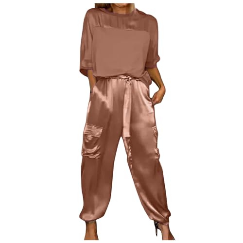 Glattes Satin-Oberteil und Hose, Set mit halblangen Ärmeln, Oberteil und Hose, zweiteiliges Outfit für Damen, glattes Satin, Oberteil und Hose von HAQUOS