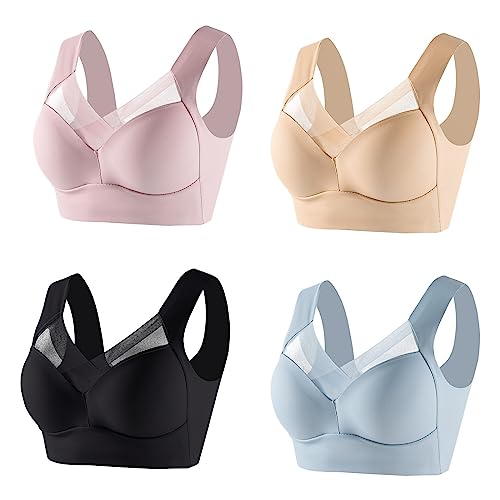 HAQUOS 4er Pack Hatme Haltungskorrektur BH Original Große Größen Soft BH Ohne Buegel BH Damen Ohne Bügel Nahtlos Bequemer Push Up BH Ohne Buegel Atmungsaktiver Bra Orthopädischer Comfy (Beige, L) von HAQUOS