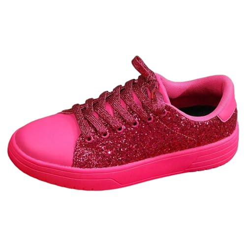 HAQUOS Damen Pailletten Sneaker Glitzer Schuhe Flache Low Outdoor Laufschuhe Schnürsenkel Walkingschuhe Sportschuhe (Hot Pink, 42) von HAQUOS