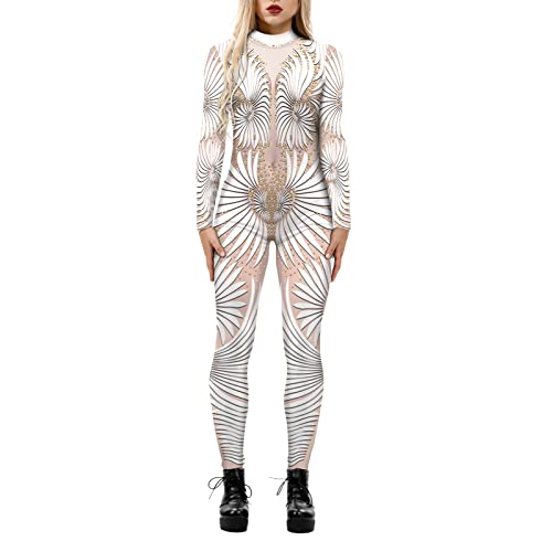HAQUOS Damen Rollkragen-Simulation 3D-Druck-Roboter-Reißverschluss-Bodysuit Ganzkörper-Bodysuit-Halloween-Kostüm Kleider Jumpsuit Damen Elegant Pailletten von HAQUOS