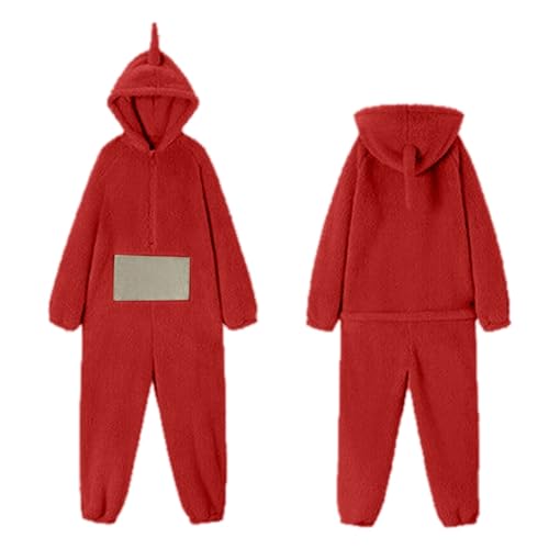 HAQUOS Teletubbies Kostüm Erwachsene Schlafanzug Damen Lang Einteiler Onesie Pyjama Damen Unisex Tier One-Piece Kostüm Cosplay Homewear Fleece Einteiler mit Kapuze Nachtwäsche Party von HAQUOS