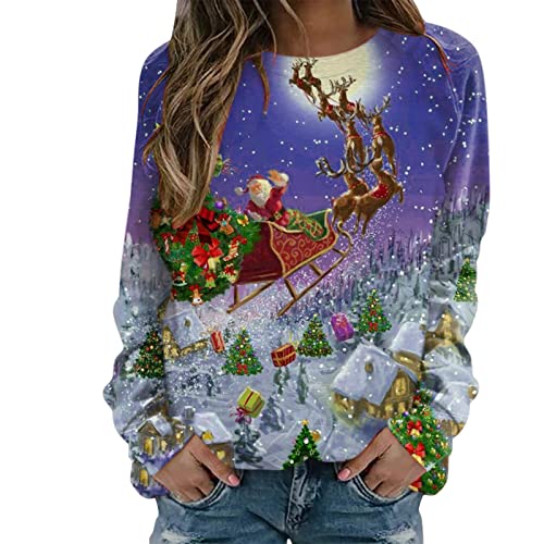 HAQUOS Weihnachtspullover Damen Led - Weicher Pullover Weihnachtsmann Winterpullover Damen Festival Schneeflocke Druck Longshirt Oversize Langarm Weihnachten Pullover Damen Löwenzahn Sweatshirt von HAQUOS