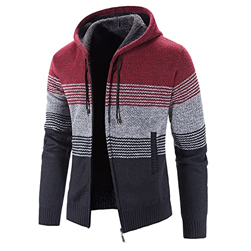 Herren Casual Winter Stripe Print Kapuze Reißverschluss Langarm Tasche Warme Strickjacke Lose Strickjacke Mantel für die Arbeit zu Hause Softshelljacke Damen Und Hosen Herren Wollstoff Winterjacke von HAQUOS