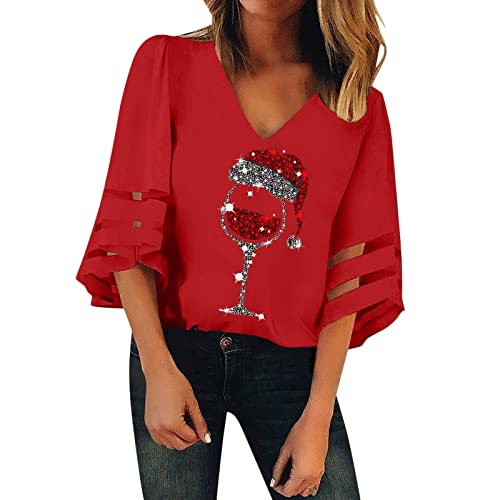 Weihnachtsbluse Damen - Leinen Oberteile Lustiges Frauen Langarmshirt Lose Bluse Tops Mode Damenbluse Bunte Blumenmuster Elegant Slim Fit Weihnachtsbluse Weihnachtspullover mit Komisch gedruckt von HAQUOS