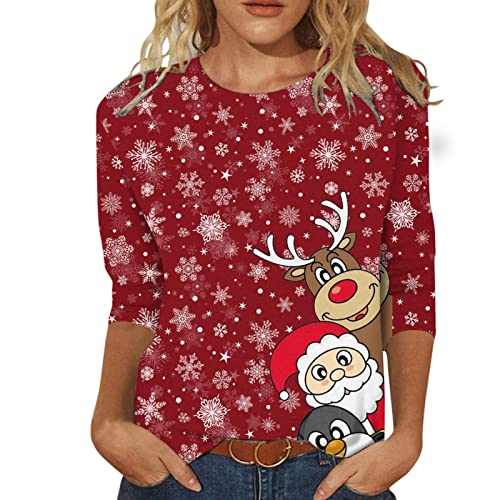 Weihnachtsbluse Damen - Lustig Rudolph Rentier Elfe Shirt Elegant 3/4 arm Blusen Mode Damenbluse Festliche Oberteile Pulli Elegant Slim Fit Weihnachtsbluse Weihnachtspullover mit Komisch gedruckt von HAQUOS