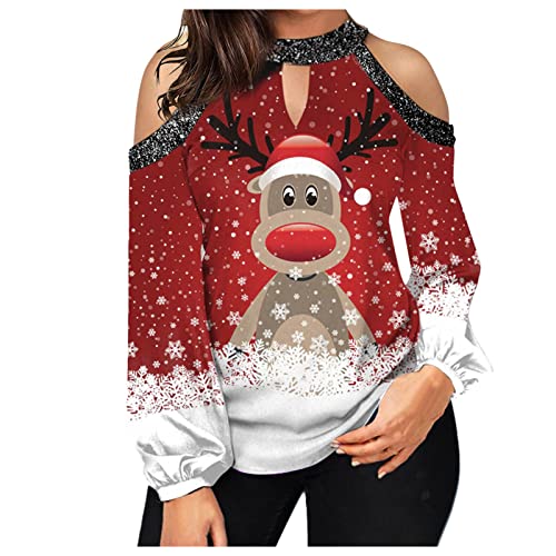 Weihnachtsbluse Damen - Weihnachtsschneeflocke Drucken Weihnachten Oberteile Langarm Pullover Große Größe Festliche Oberteile Pulli Mode Damenblusen Langarm Weihnachtspullover mit Komisch gedruckt von HAQUOS