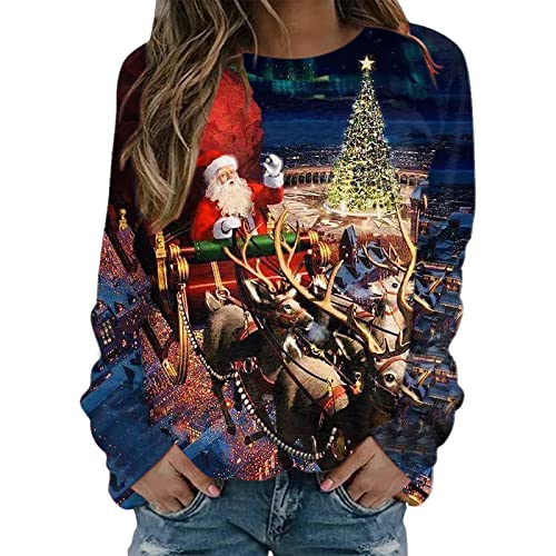 Weihnachtspullover Damen Led - Druck Baumwolle Weihnachtspulli Temperament Pullover Damen Cartoon Drucken Oberteil Sweater Pulli Hässlich Weihnachtspulli Teenager Mädchen Weihnachtspulli für Party von HAQUOS