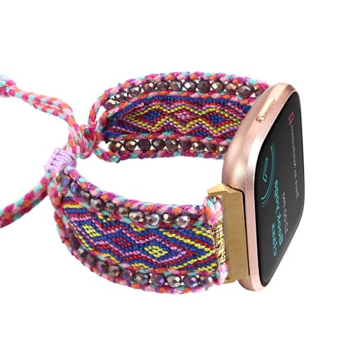 HARAVAL Boho-Geflochtenes Band, kompatibel mit Fitbit Versa 4/Versa 3 Bändern/Sense 2/Sense Bands für Frauen, handgefertigtes gewebtes Freundschaftsarmband, verstellbares Perlenarmband für Fitbit von HARAVAL