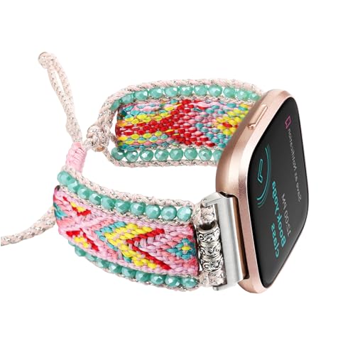 HARAVAL Boho-Geflochtenes Band, kompatibel mit Fitbit Versa 4/Versa 3 Bändern/Sense 2/Sense Bands für Frauen, handgefertigtes gewebtes Freundschaftsarmband, verstellbares Perlenarmband für Fitbit von HARAVAL