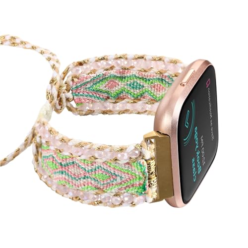 HARAVAL Boho-Geflochtenes Band, kompatibel mit Fitbit Versa 4/Versa 3 Bändern/Sense 2/Sense Bands für Frauen, handgefertigtes gewebtes Freundschaftsarmband, verstellbares Perlenarmband für Fitbit von HARAVAL