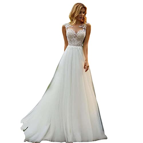 HARBINGG Damen Brautkleid V-Ausschnitt Spitze Ärmellos Brautkleid, Weiß, 18 von HARBINGG