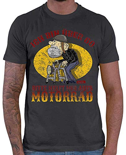 HARIZ Herren T-Shirt Ich Bin Über 60 Bitte Helft Mir Aufs Motorrad 60 Geburtstag Papa Opa Plus Geschenkkarte Dunkel Grau XL von HARIZ