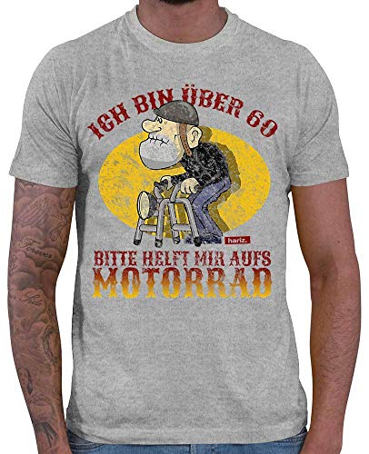 HARIZ Herren T-Shirt Ich Bin Über 70 Bitte Helft Mir Aufs Motorrad 70 Geburtstag Runder Oma Opa Plus Geschenkkarte Grau Meliert XXL von HARIZ