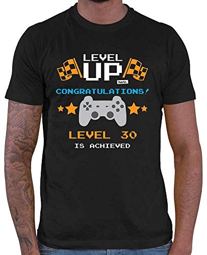 HARIZ Herren T-Shirt Level Up Congratulations Level 30 Achieved 30 Geburtstag Witizg Inkl. Geschenk Karte Schwarz M von HARIZ