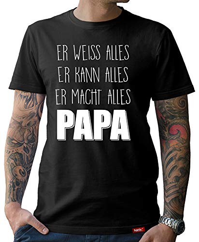 Papa T-Shirt Herren Er Weiss Alles Papa Werdende Eltern Partnerlook du Wirst Vater Geburt Schwarz 5XL von HARIZ