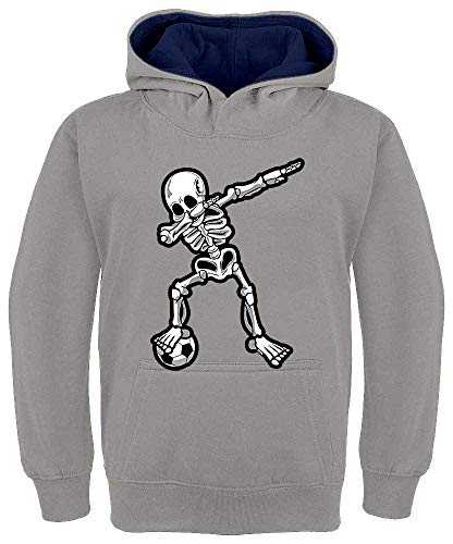 HARIZ Kinder Hoodie Kapuzenpullover Kontrast Dab Skelett mit Fussball Dab Teenager Tanzen Weihnachten Inkl. Geschenk Karte Hell Grau/Navy Blau 140/9-11 Jahre von HARIZ