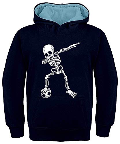 HARIZ Kinder Hoodie Kapuzenpullover Kontrast Dab Skelett mit Fussball Dab Teenager Tanzen Weihnachten Inkl. Geschenk Karte Navy Blau/Himmel Blau 140/9-11 Jahre von HARIZ