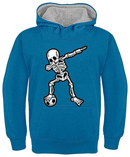 HARIZ Kinder Hoodie Kapuzenpullover Kontrast Dab Skelett mit Fussball Dab Teenager Tanzen Weihnachten Inkl. Geschenk Karte Royal Blau/Hell Grau 128/7-8 Jahre von HARIZ