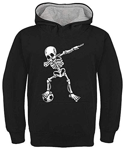 HARIZ Kinder Hoodie Kapuzenpullover Kontrast Dab Skelett mit Fussball Dab Teenager Tanzen Weihnachten Inkl. Geschenk Karte Schwarz/Hell Grau 140/9-11 Jahre von HARIZ