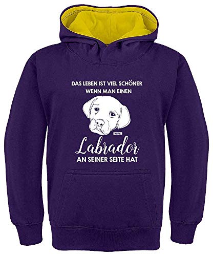 HARIZ Kinder Hoodie Kapuzenpullover Kontrast Das Leben Ist Viel Schöner Labrador Tiere Zoo Inkl. Geschenk Karte Lila/Gelb 152/12-13 Jahre von HARIZ