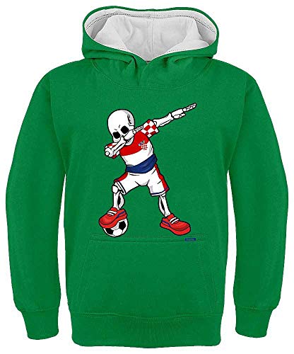 HARIZ Kinder Hoodie Kapuzenpullover Kontrast Fussball Dab Skelett Kroatien Trikot Mannschaft Plus Geschenkarte Grün/Weiß 152/12-13 Jahre von HARIZ