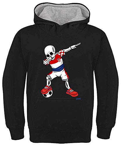 HARIZ Kinder Hoodie Kapuzenpullover Kontrast Fussball Dab Skelett Kroatien Trikot Mannschaft Plus Geschenkarte Schwarz/Hell Grau 152/12-13 Jahre von HARIZ