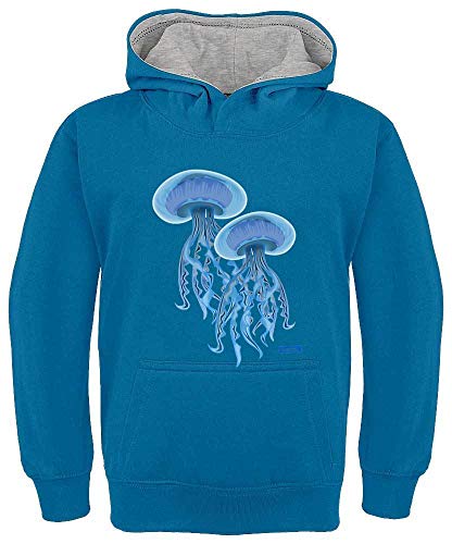 HARIZ Kinder Hoodie Kapuzenpullover Kontrast Quallen Wasser Süß Tiere Dschungel Inkl. Geschenk Karte Royal Blau/Hell Grau 152/12-13 Jahre von HARIZ