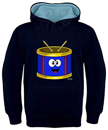 HARIZ Kinder Hoodie Kapuzenpullover Kontrast Trommel Lachend Instrument Kind Witizg Inkl. Geschenk Karte Navy Blau/Himmel Blau 140/9-11 Jahre von HARIZ