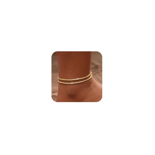 Fußkettchen für Damen Silber 925 Gold Fussketten für Frauen Doppelte Herz Perlen Plättchen Twist Infinity Fußkette Verstellbare Layered Sommer Strand Fußschmuck Geschenk (Glitzer Optik-GoldA) von HARJJME