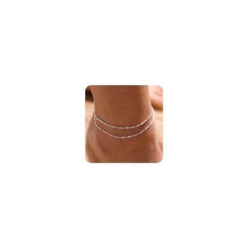 Fußkettchen für Damen Silber 925 Gold Fussketten für Frauen Doppelte Herz Perlen Plättchen Twist Infinity Fußkette Verstellbare Layered Sommer Strand Fußschmuck Geschenk (Kügelchen-Silber) von HARJJME