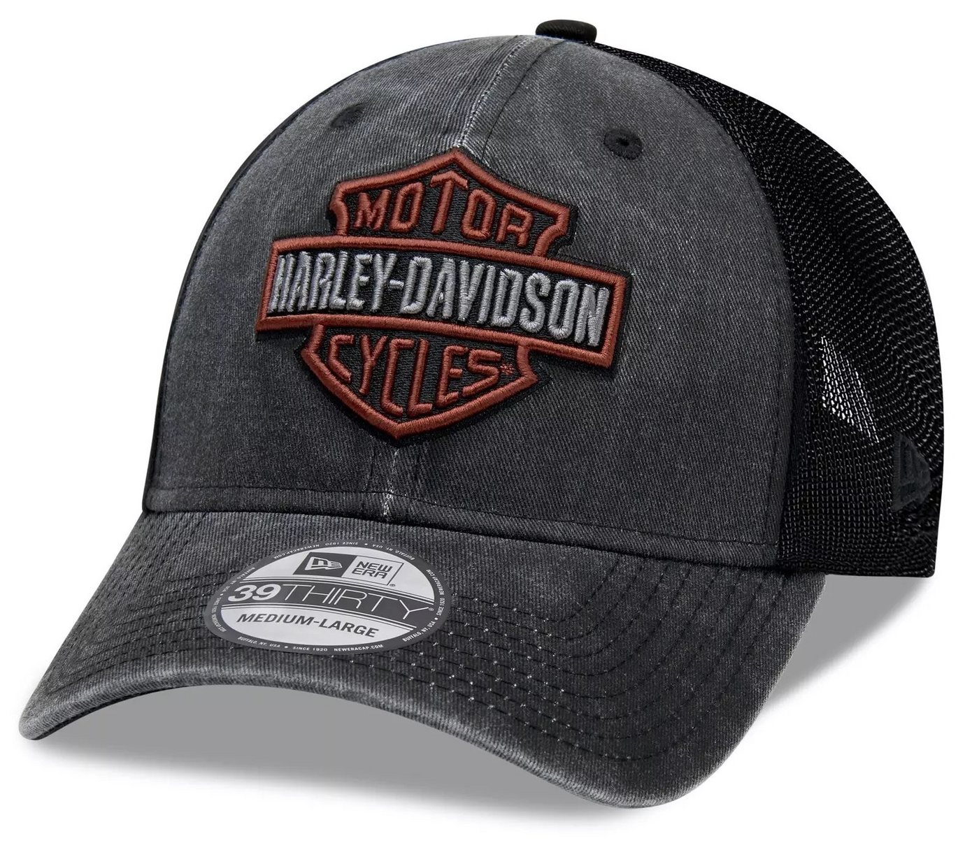 HARLEY-DAVIDSON Baseball Cap Herren Trucker Cap Washed Colorblock 39THIRTY® Kappe Bar&Shield Logo Gesticktes New Era Flaggenlogo auf der Seite von HARLEY-DAVIDSON