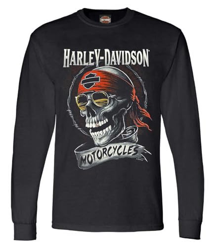 Harley-Davidson Herren Distressed Shady Skull Crew-Neck Langarmshirt - Schwarz, Schwarz, 4X-Groß von HARLEY-DAVIDSON