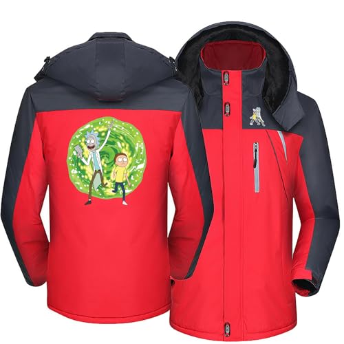 HARLSO Herren-Fleece-Hoodie-Pullover für Rick und Morty, Durchgehender Reißverschluss, langärmelige Sweatshirt-Jacke, modische, Winddichte Oberbekleidung,Red-XXL von HARLSO